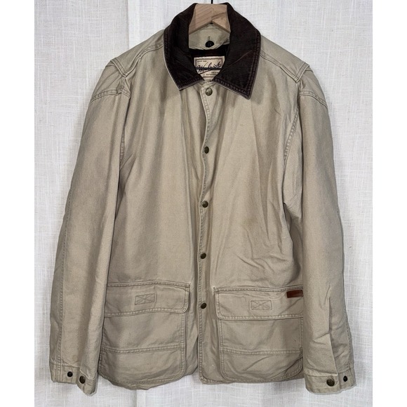Vintage Woolrich Men's M Canvas Jacket Red Plaid Wool Lining Khaki Distressed - Picture 1 of 11